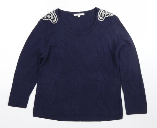 Klass Womens Blue Round Neck  Acrylic Pullover Jumper Size L