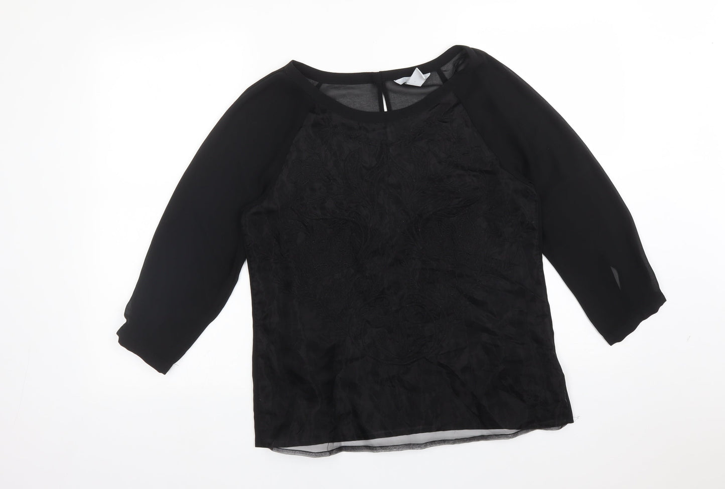 H&M Womens Black Floral Polyester Basic Blouse Size 10 Round Neck