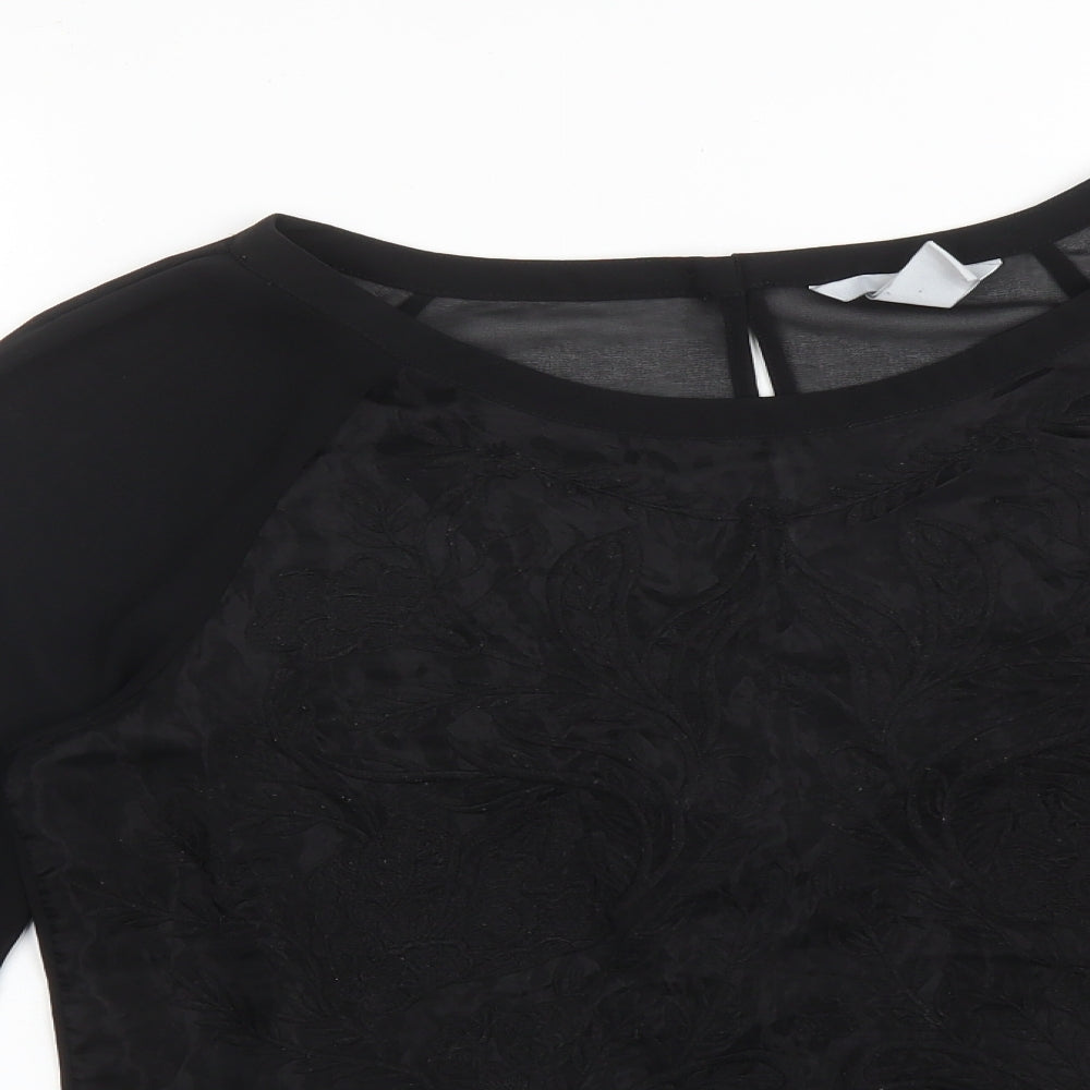 H&M Womens Black Floral Polyester Basic Blouse Size 10 Round Neck