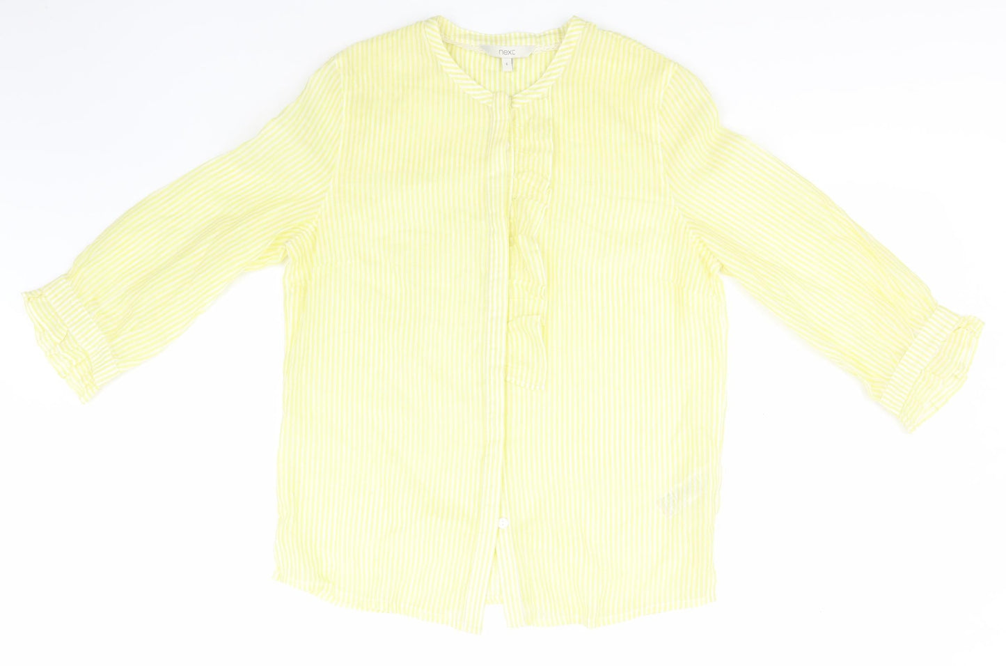 NEXT Womens Yellow Striped Cotton Basic Button-Up Size 6 Round Neck