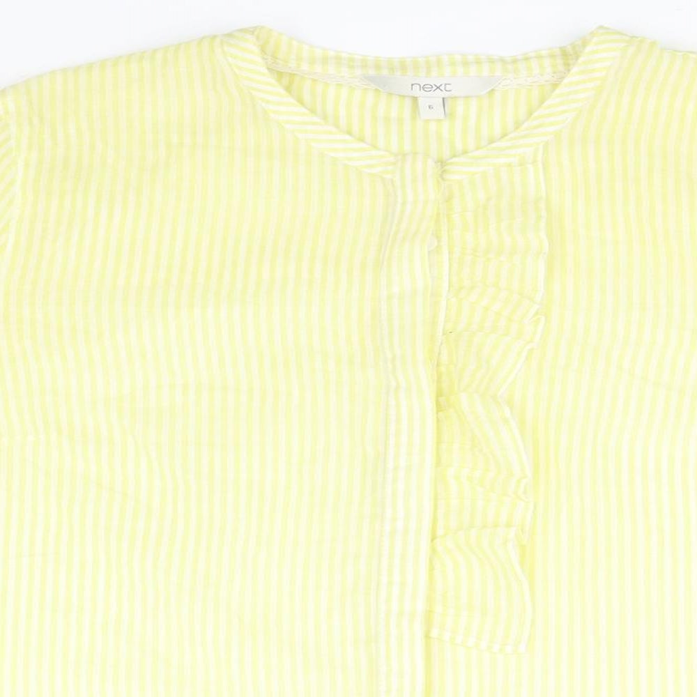 NEXT Womens Yellow Striped Cotton Basic Button-Up Size 6 Round Neck