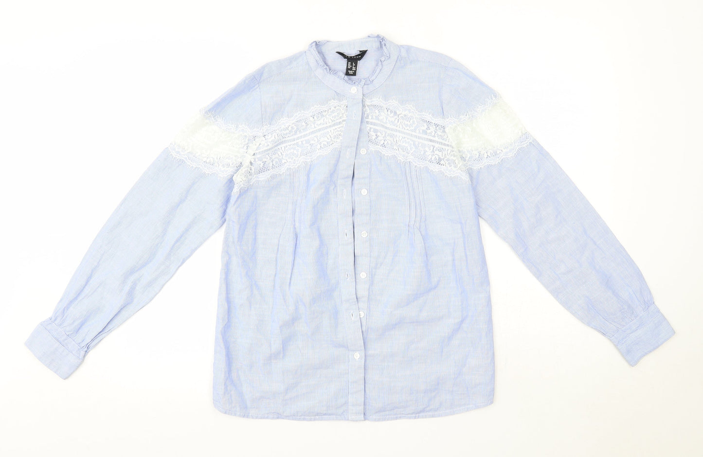 New Look Womens Blue  100% Cotton Basic Button-Up Size 6 Round Neck