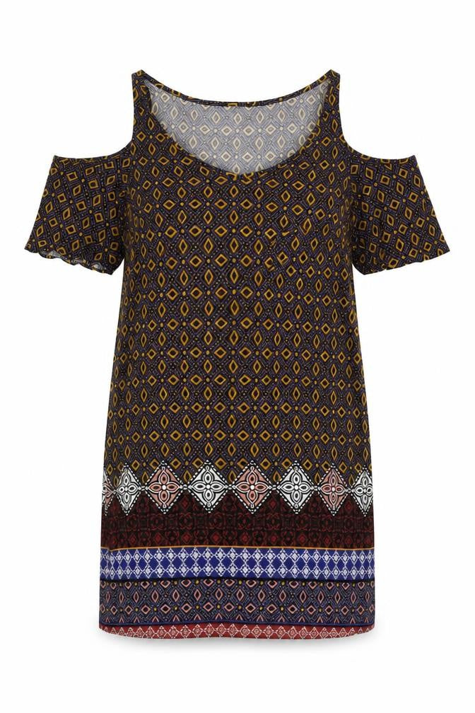 Matalan Womens Multicoloured Geometric Viscose Shift  Size 10  V-Neck  - Cold Shoulder