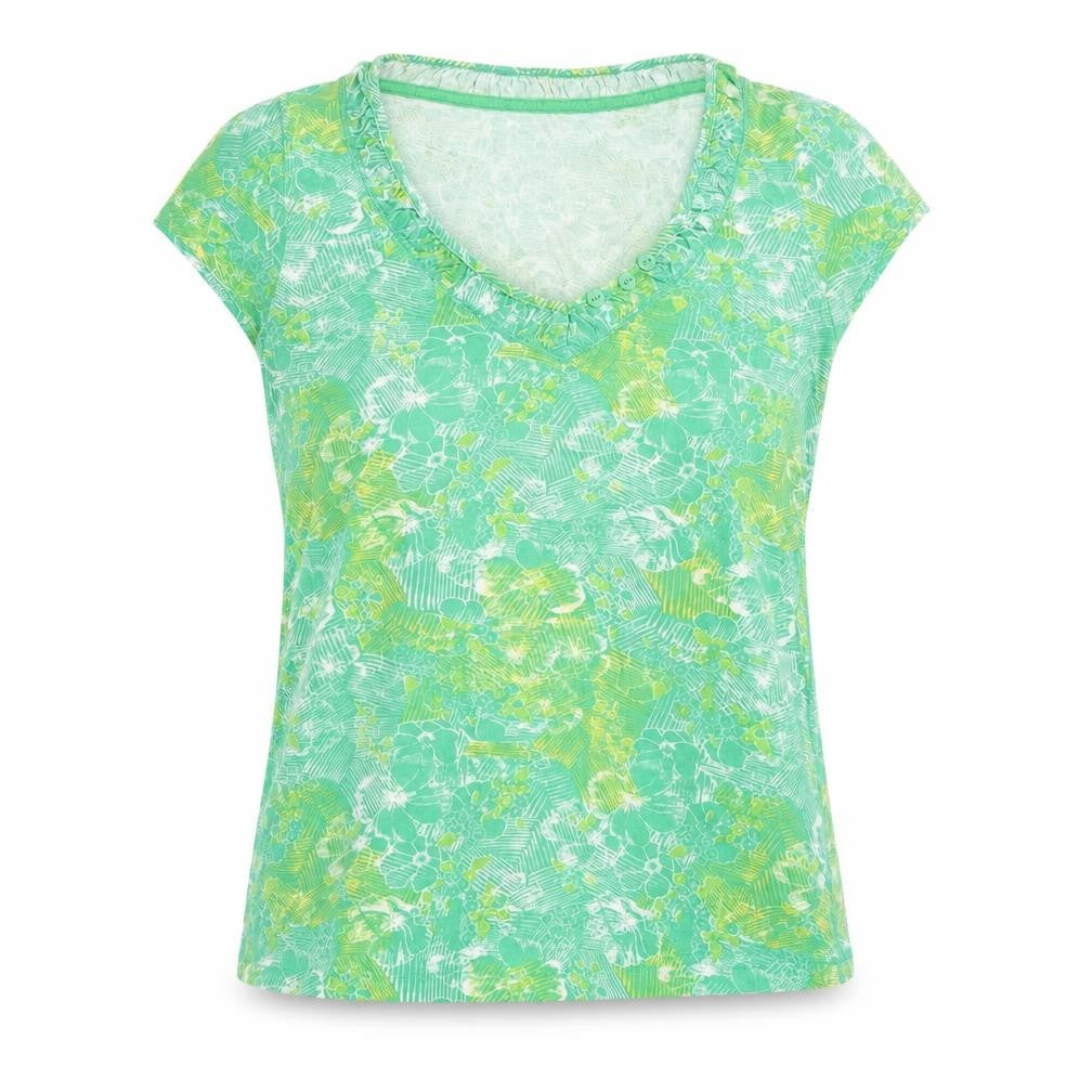 MANARAY Womens Green Floral Cotton Basic T-Shirt Size 8 V-Neck
