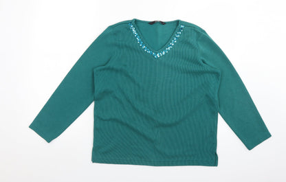 Bonmarché Womens Green V-Neck Polyester Pullover Jumper Size S