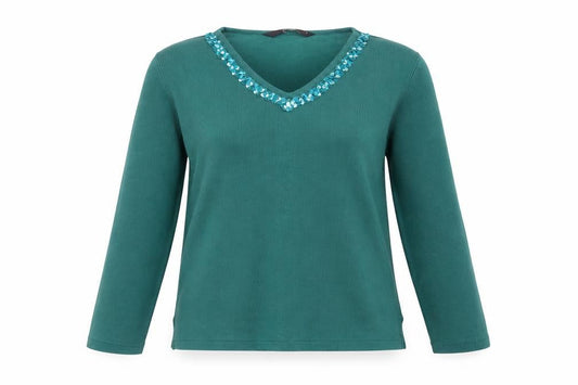 Bonmarché Womens Green V-Neck Polyester Pullover Jumper Size S