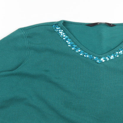 Bonmarché Womens Green V-Neck Polyester Pullover Jumper Size S