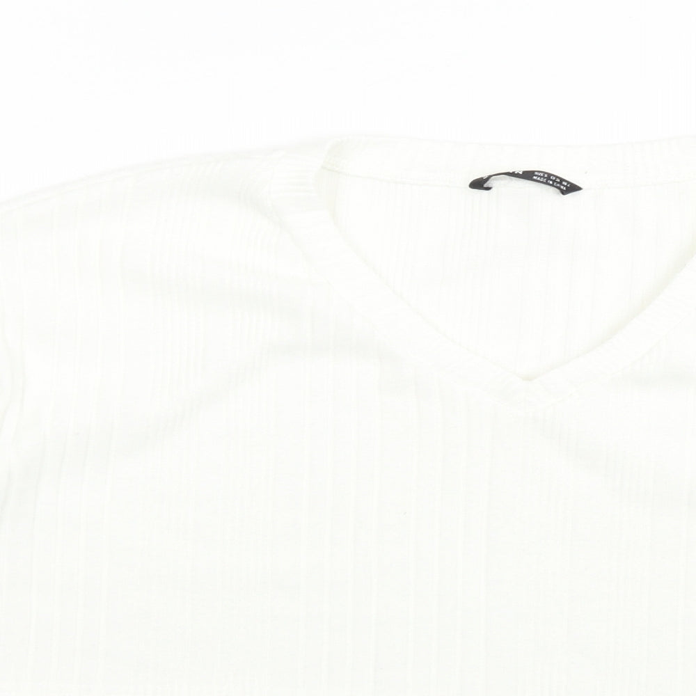 SheIn Womens White Striped Polyester Cropped T-Shirt Size S V-Neck