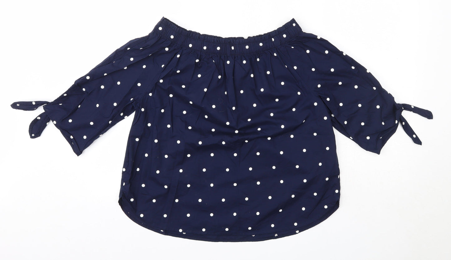 H&M Womens Blue Polka Dot 100% Cotton Basic Blouse Size 6 Off the Shoulder
