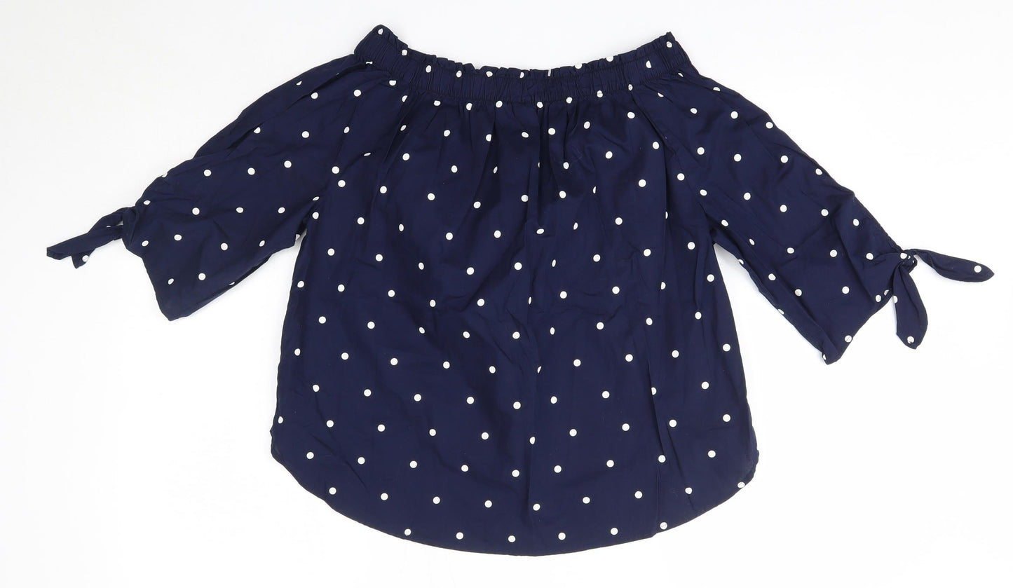 H&M Womens Blue Polka Dot 100% Cotton Basic Blouse Size 6 Off the Shoulder