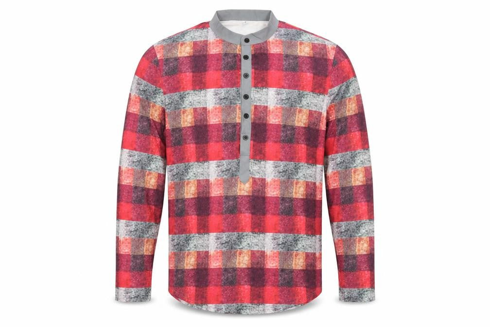 Preworn Mens Red Check   Button-Up Size M Collared Button - Mandarin Collar Half way buttons