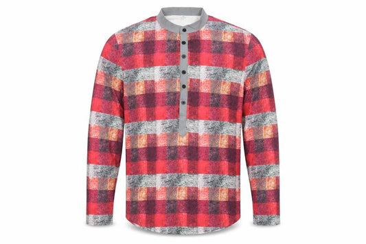 Preworn Mens Red Check   Button-Up Size M Collared Button - Mandarin Collar Half way buttons
