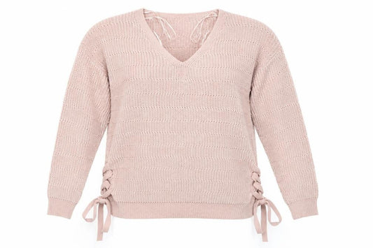 Peacocks Womens Pink V-Neck Striped Acrylic Pullover Jumper Size M   - Side Tie Details Same colour knit stripe