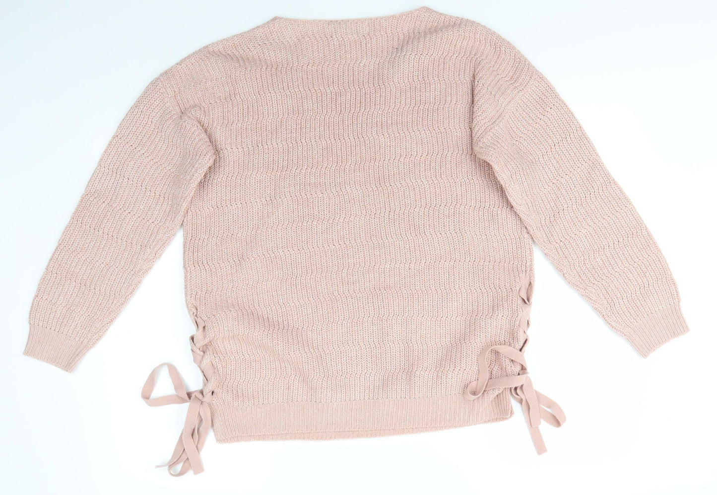 Peacocks Womens Pink V-Neck Striped Acrylic Pullover Jumper Size M   - Side Tie Details Same colour knit stripe