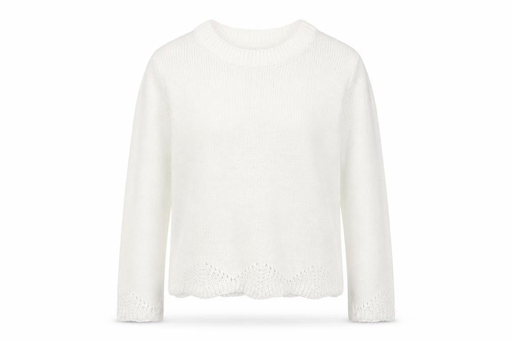 Primark Womens White Round Neck  Polyester Pullover Jumper Size L   - Scalloped Hemline
