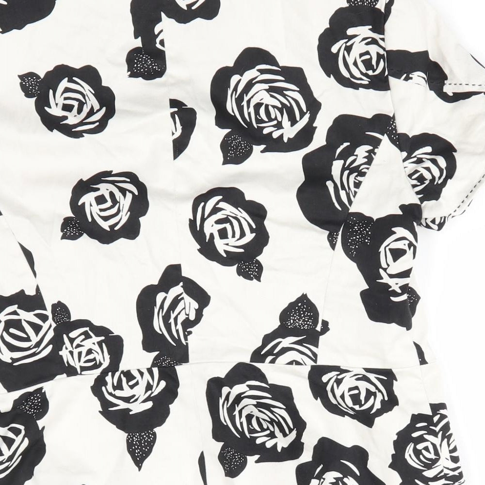 Autograph Womens Ivory Floral  Jacket  Size 12  Button - Black rose print Blouse style jacket Top stitching details Large flower buttons