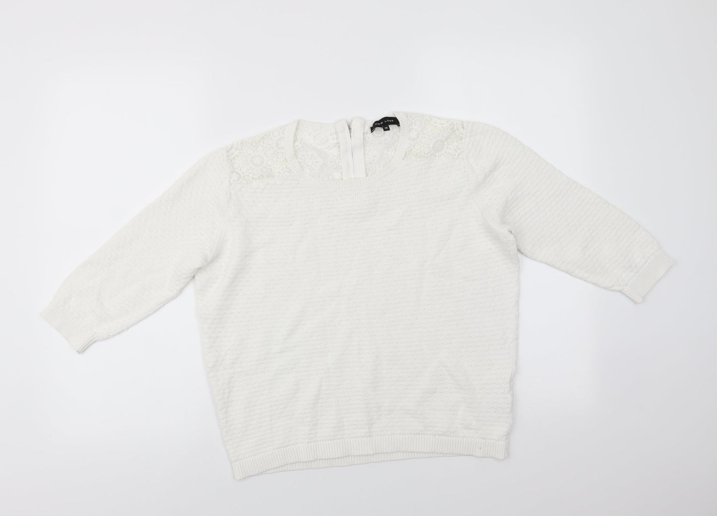 New Look Womens White Round Neck  Cotton Pullover Jumper Size 12   - Shoulder & Back lace panel Back Zip