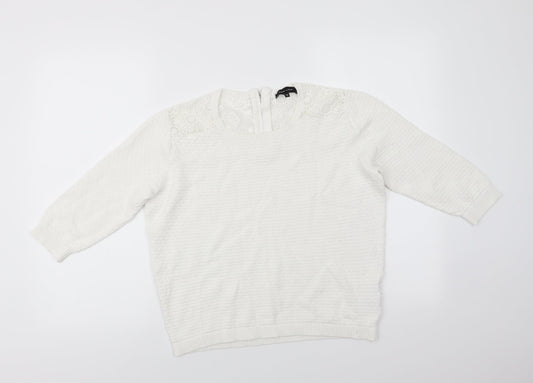 New Look Womens White Round Neck  Cotton Pullover Jumper Size 12   - Shoulder & Back lace panel Back Zip