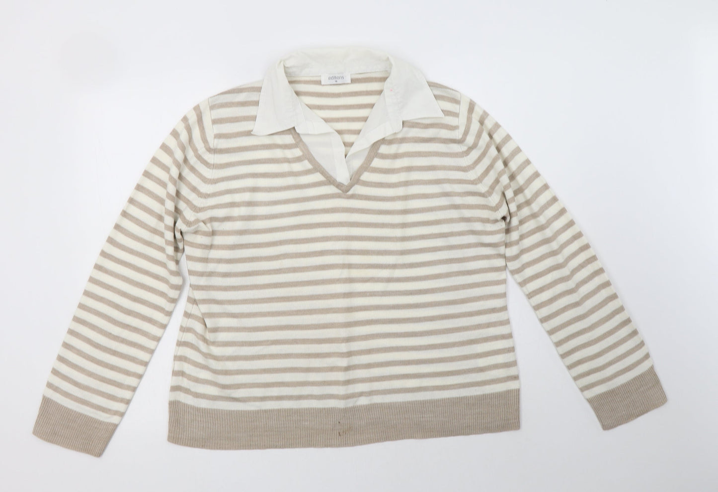 Editions Womens Beige Collared Striped Acrylic Pullover Jumper Size 18