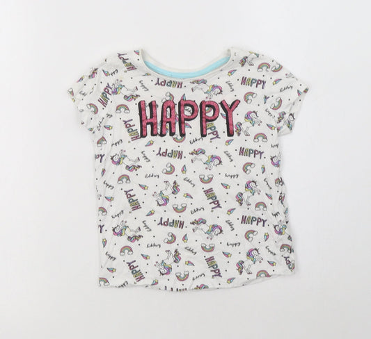 Primark Girls White Geometric Cotton Basic T-Shirt Size 3-4 Years Crew Neck  - Unicorn Print