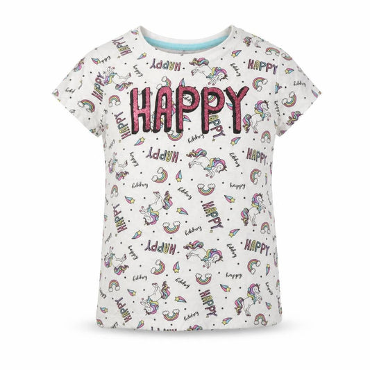Primark Girls White Geometric Cotton Basic T-Shirt Size 3-4 Years Crew Neck  - Unicorn Print