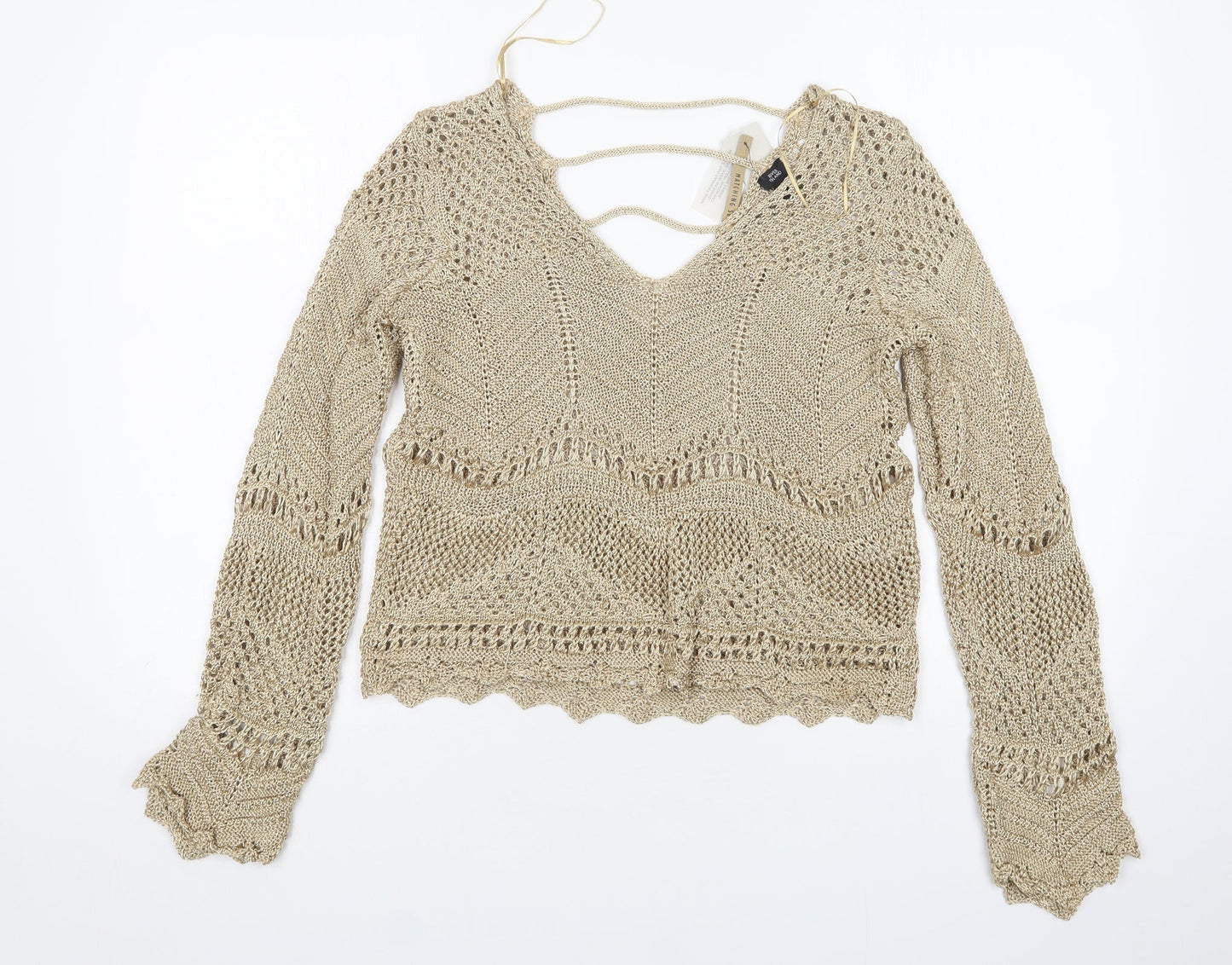 River Island Womens Gold V-Neck  Polyester Pullover Jumper Size 14