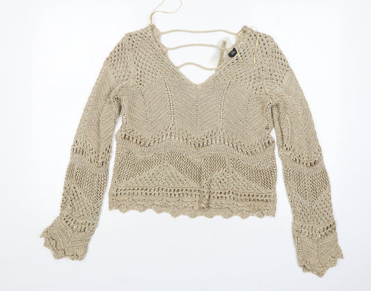 River Island Womens Gold V-Neck  Polyester Pullover Jumper Size 14