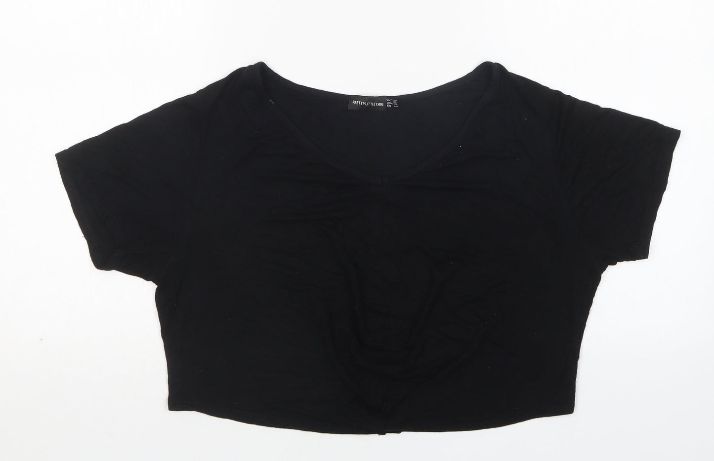 PRETTYLITTLETHING Womens Black  Viscose Cropped T-Shirt Size 16 Round Neck