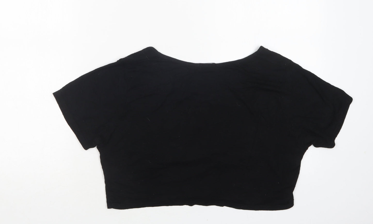 PRETTYLITTLETHING Womens Black  Viscose Cropped T-Shirt Size 16 Round Neck