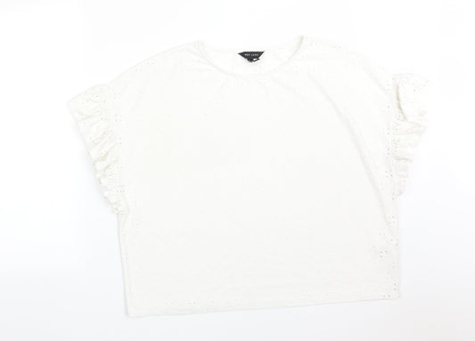New Look Womens White Floral Polyester Basic T-Shirt Size 14 Round Neck