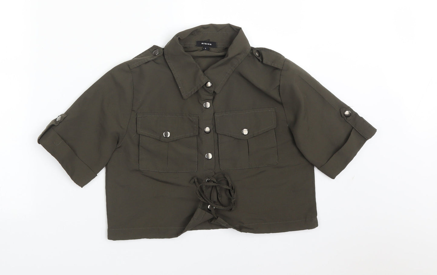 RISING Womens Green  Polyester Basic Button-Up Size S Collared