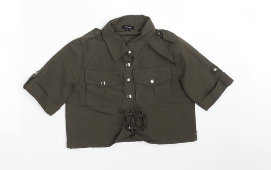 RISING Womens Green  Polyester Basic Button-Up Size S Collared