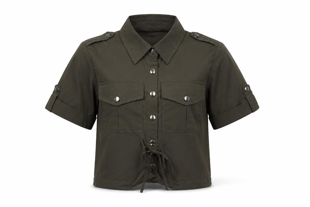 RISING Womens Green  Polyester Basic Button-Up Size S Collared