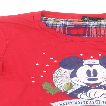 Preloved Disney Womens Red  Cotton Basic T-Shirt Size 10 Round Neck - Mickey Mouse, Christmas - Detail