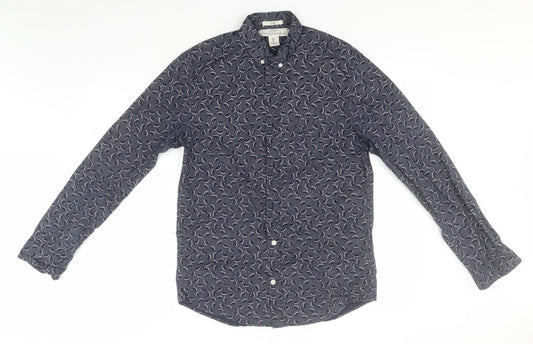 H&M Mens Blue Floral Cotton  Button-Up Size S Collared