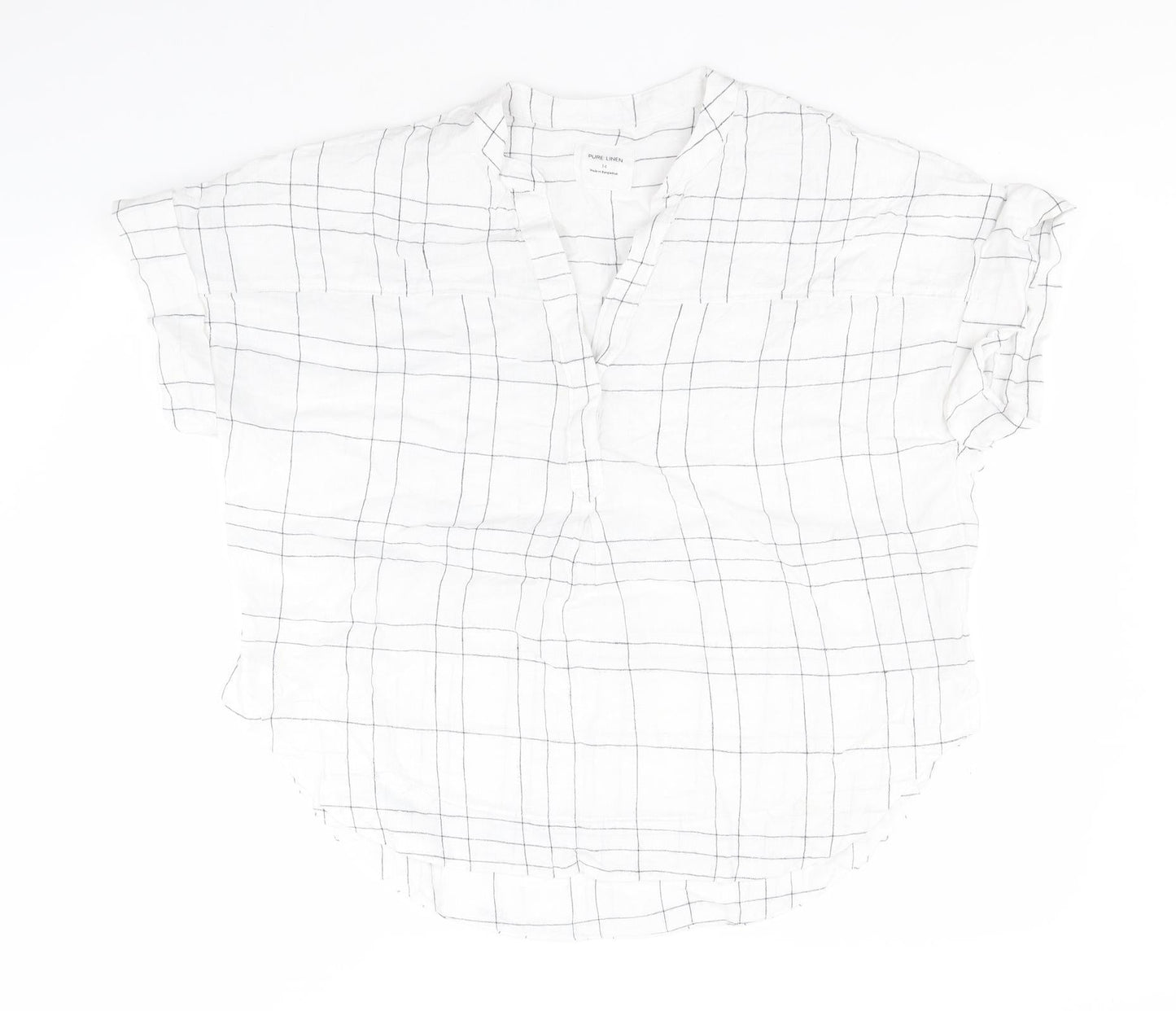 Marks and Spencer Mens White Plaid Flax  T-Shirt Size 14 Round Neck