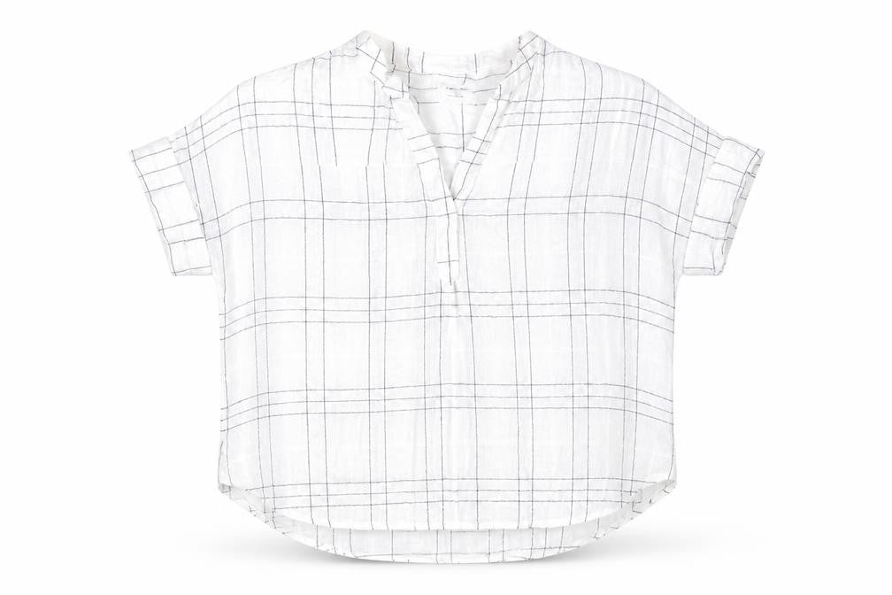 Marks & Spencer Mens White Plaid Flax  T-Shirt Size 14 Round Neck