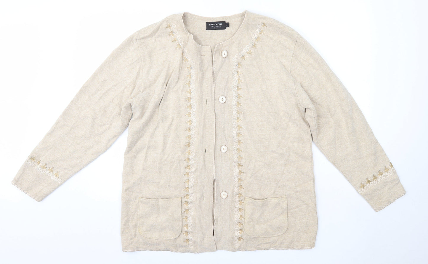 Paramour Womens Beige Round Neck  Acrylic Cardigan Jumper Size L