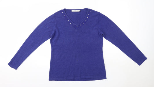 Isle Womens Blue V-Neck  Acrylic Pullover Jumper Size M