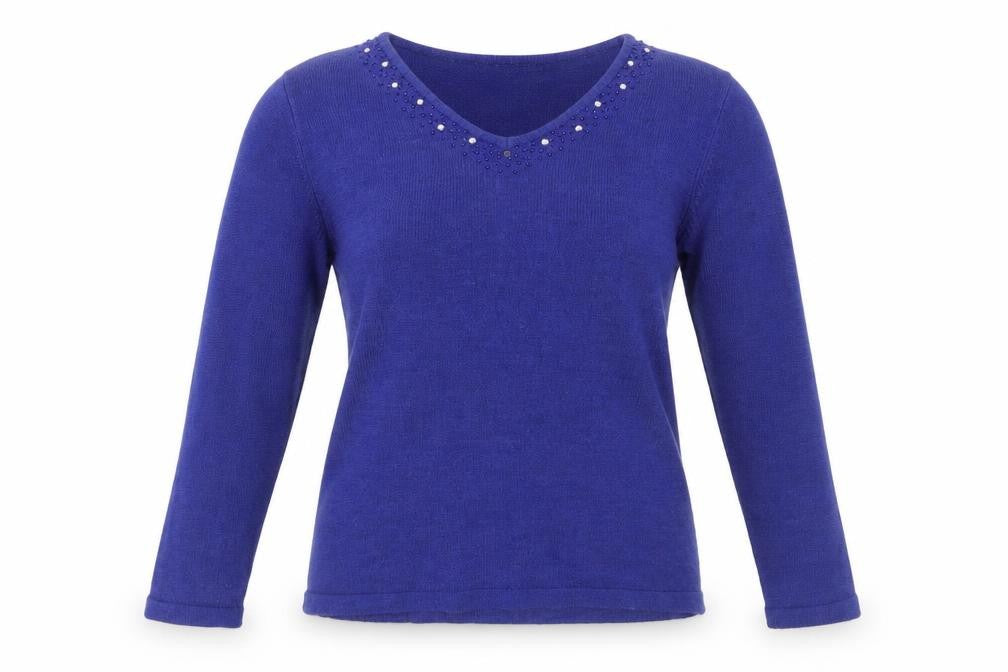 Isle Womens Blue V-Neck  Acrylic Pullover Jumper Size M