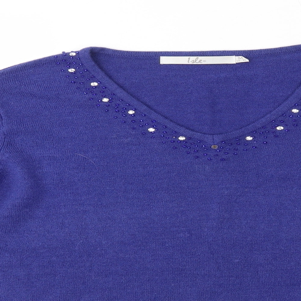 Isle Womens Blue V-Neck  Acrylic Pullover Jumper Size M