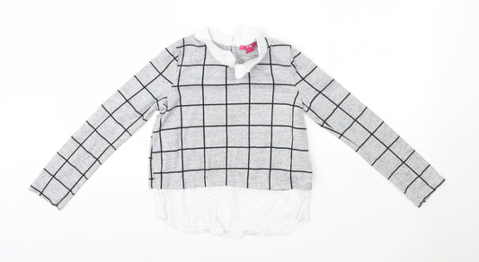 YD Girls Grey Collared Check Polyester Pullover Jumper Size 9-10 Years