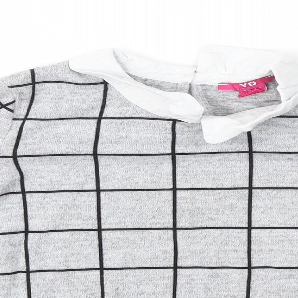 YD Girls Grey Collared Check Polyester Pullover Jumper Size 9-10 Years