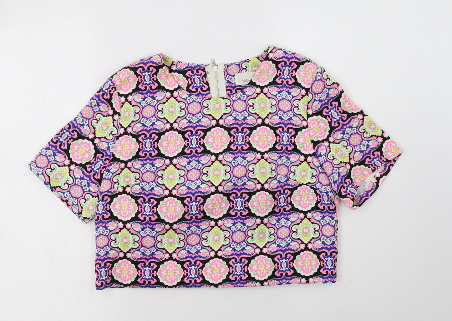 Urmoda Womens Multicoloured Geometric Polyester Cropped Blouse Size 10 Round Neck