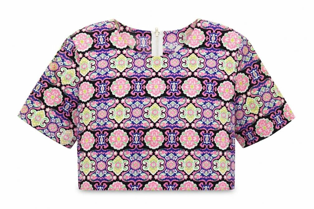 Urmoda Womens Multicoloured Geometric Polyester Cropped Blouse Size 10 Round Neck