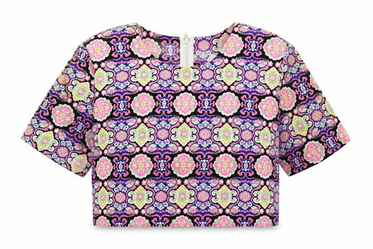 Urmoda Womens Multicoloured Geometric Polyester Cropped Blouse Size 10 Round Neck