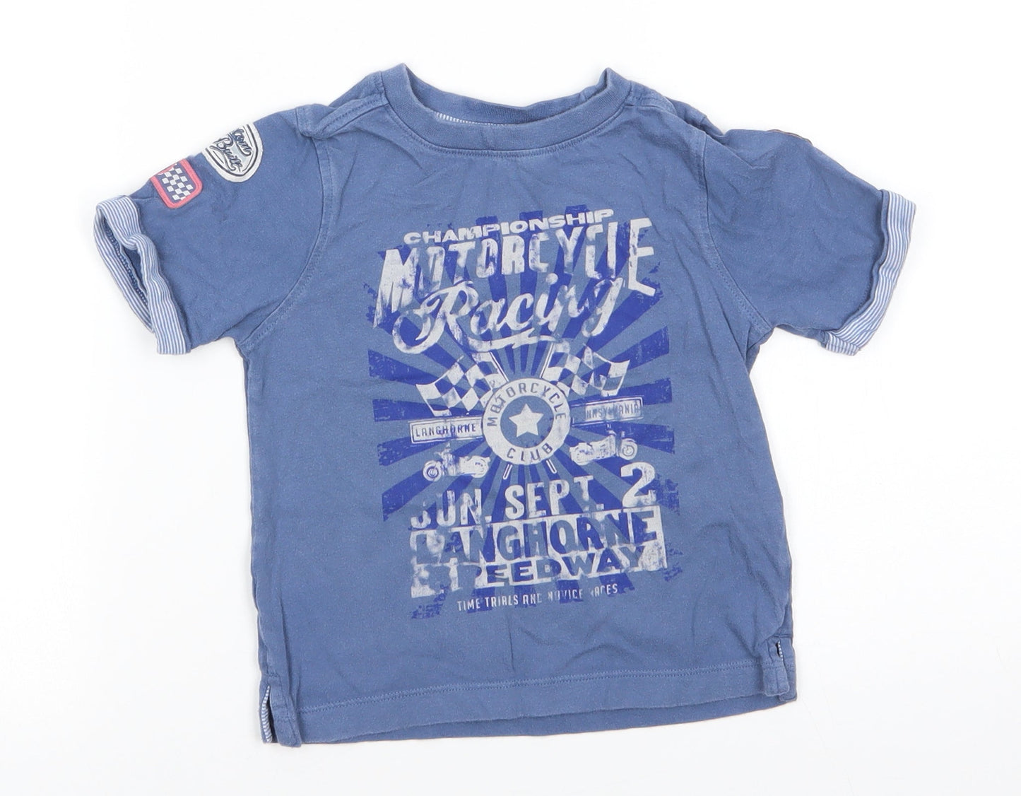 Mothercare Boys Blue  Cotton Basic T-Shirt Size 2-3 Years Round Neck Pullover - Motorcycle Racing Stripe trim to arms