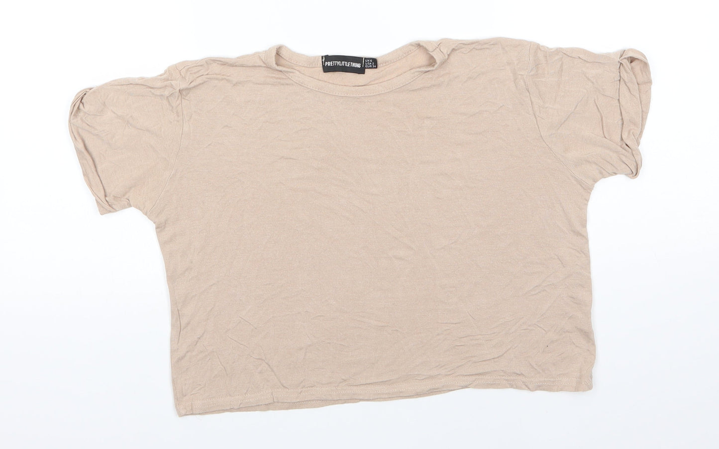PRETTYLITTLETHING Womens Beige  Viscose Basic T-Shirt Size 6 Round Neck - Mocha colour Turn ups on sleeve