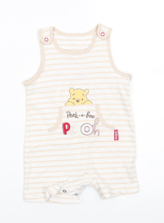 Disney by George Baby White Animal Print Cotton Romper One-Piece Size 3-6 Months  Snap - Light beige stripe trim Peek-a-Boo Pooh