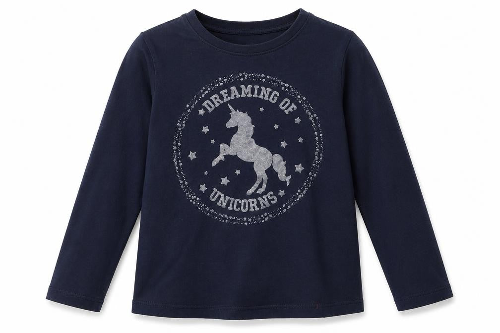 Preworn Girls Blue  100% Cotton Basic Blouse Size 10-11 Years Round Neck  - Unicorns